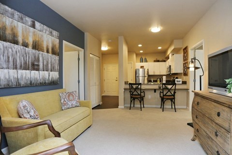 a living room and kitchen with a couch and a tv